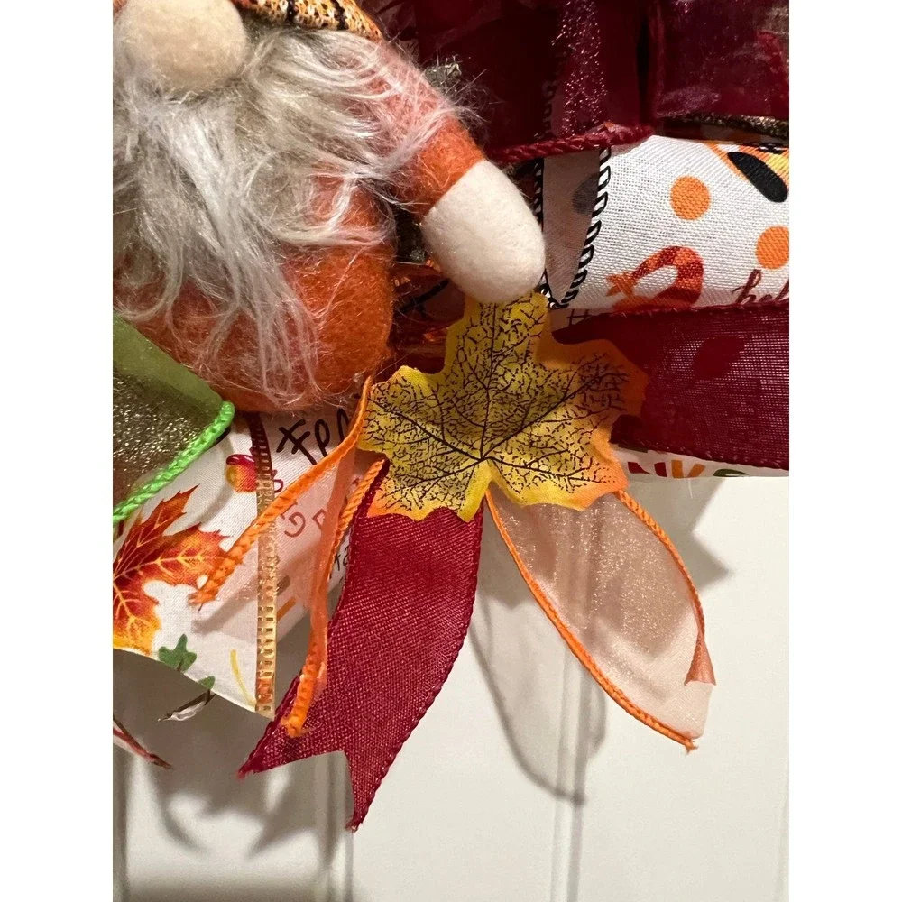 13 inch Ribbon Wreath Fall Autumn Thanksgiving Gnome MW5